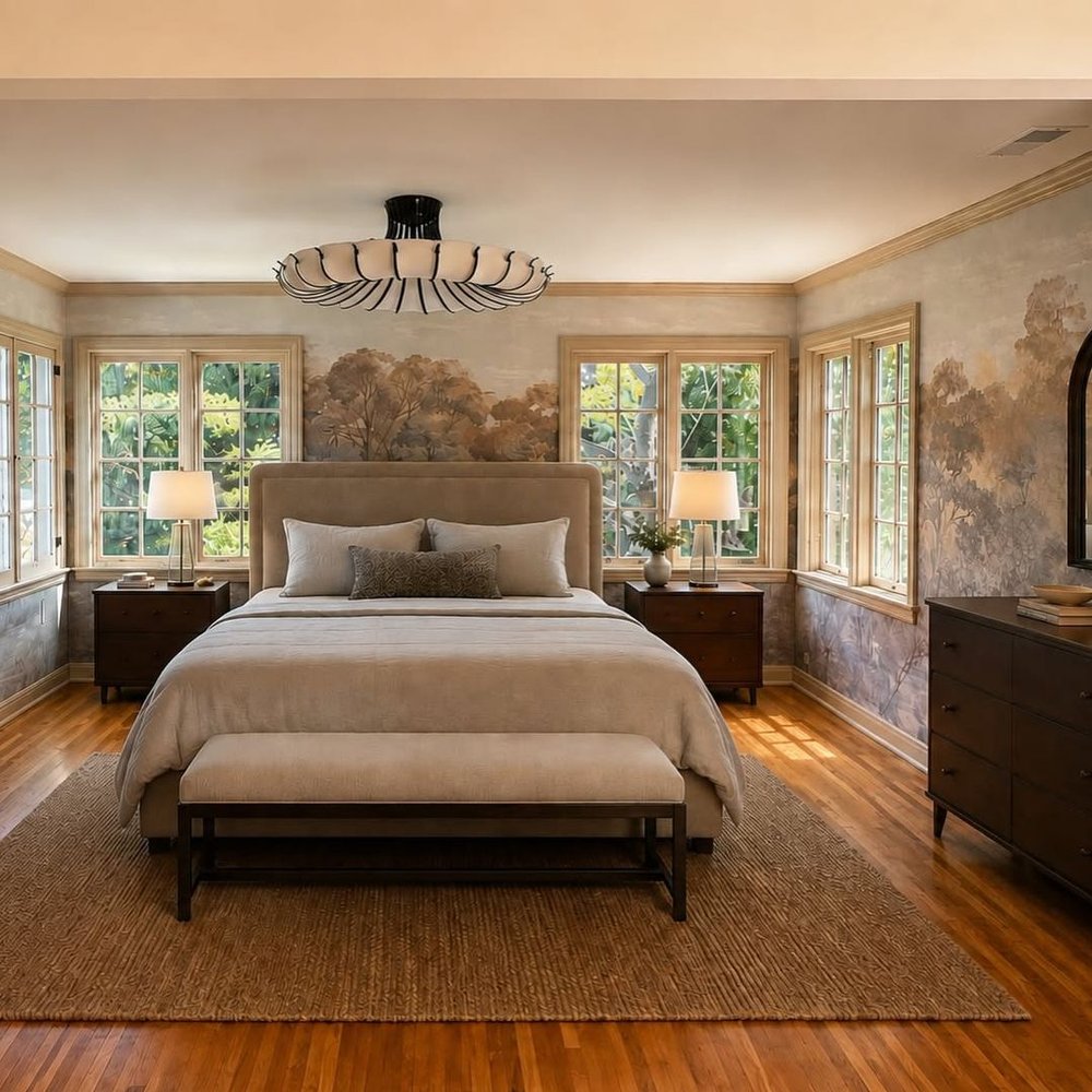 Elegant wallpapered bedroom showing a completed interior installation