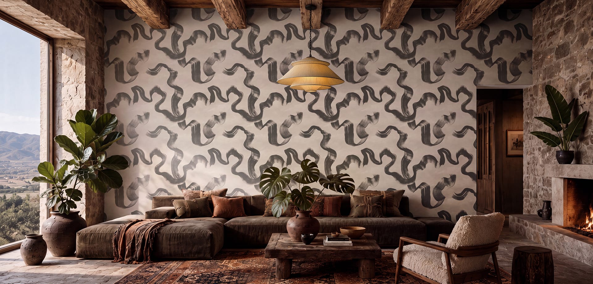 Modern wallpapered dining interior